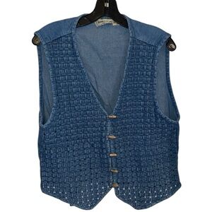 Vintage Blue Woven Denim Jean Vest Toggle Wood Button Closure Boho Western Fall